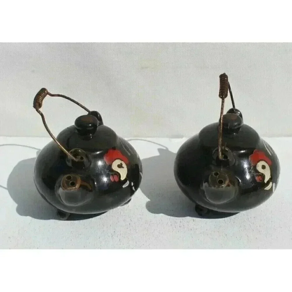 Vintage Redware Roosters Black Tea Pot Salt & Pepper Shakers Kettle Hand Painted